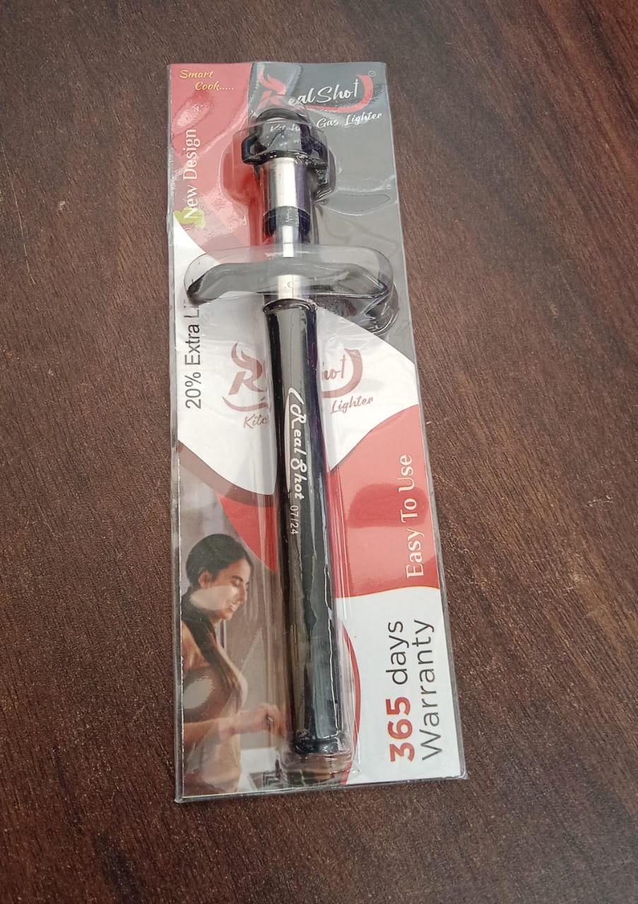 Hand holding the CookAura stainless steel gas lighter, ready to ignite a stove.