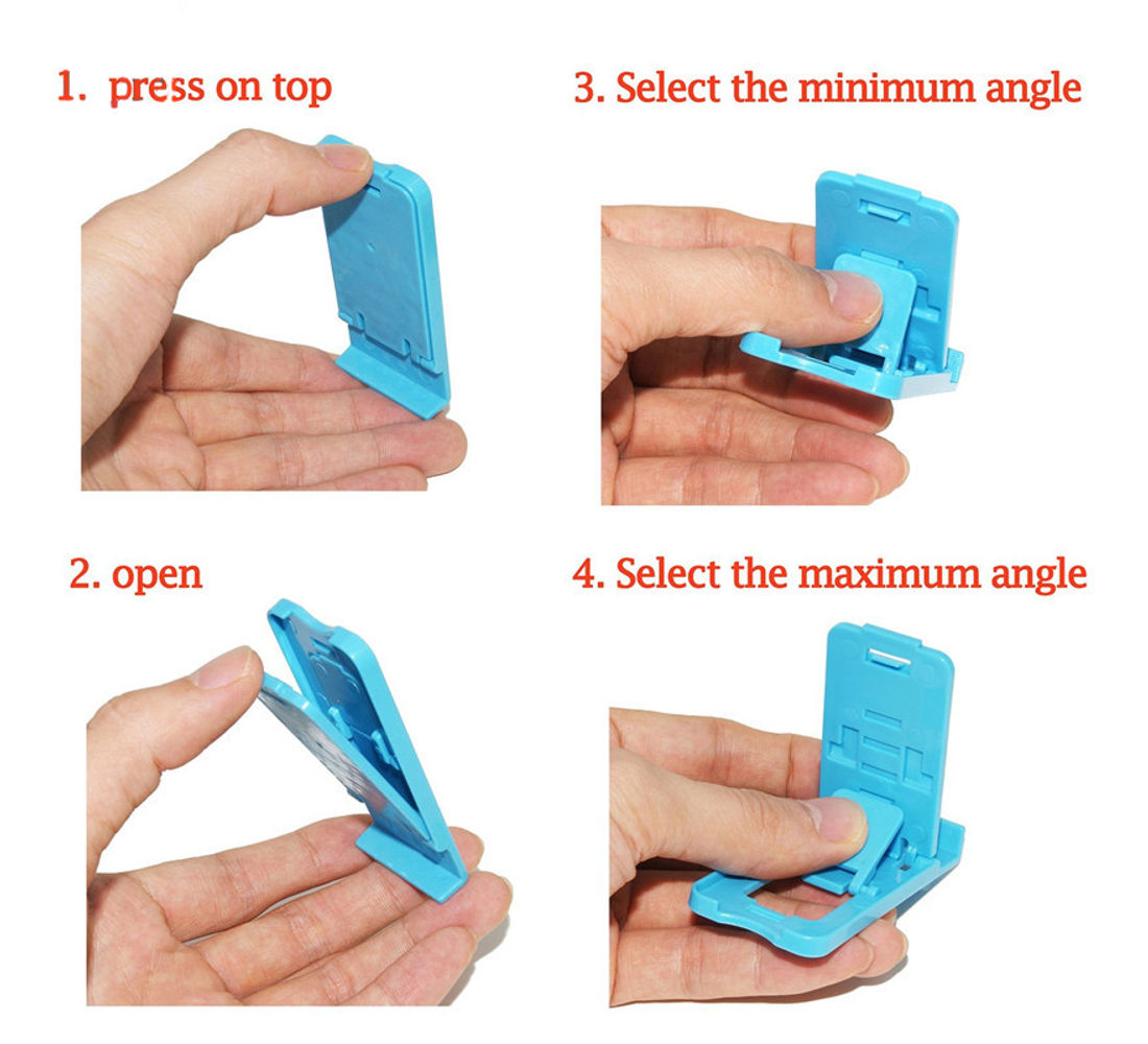 Portable adjustable mobile phone stand with foldable easy storage design.