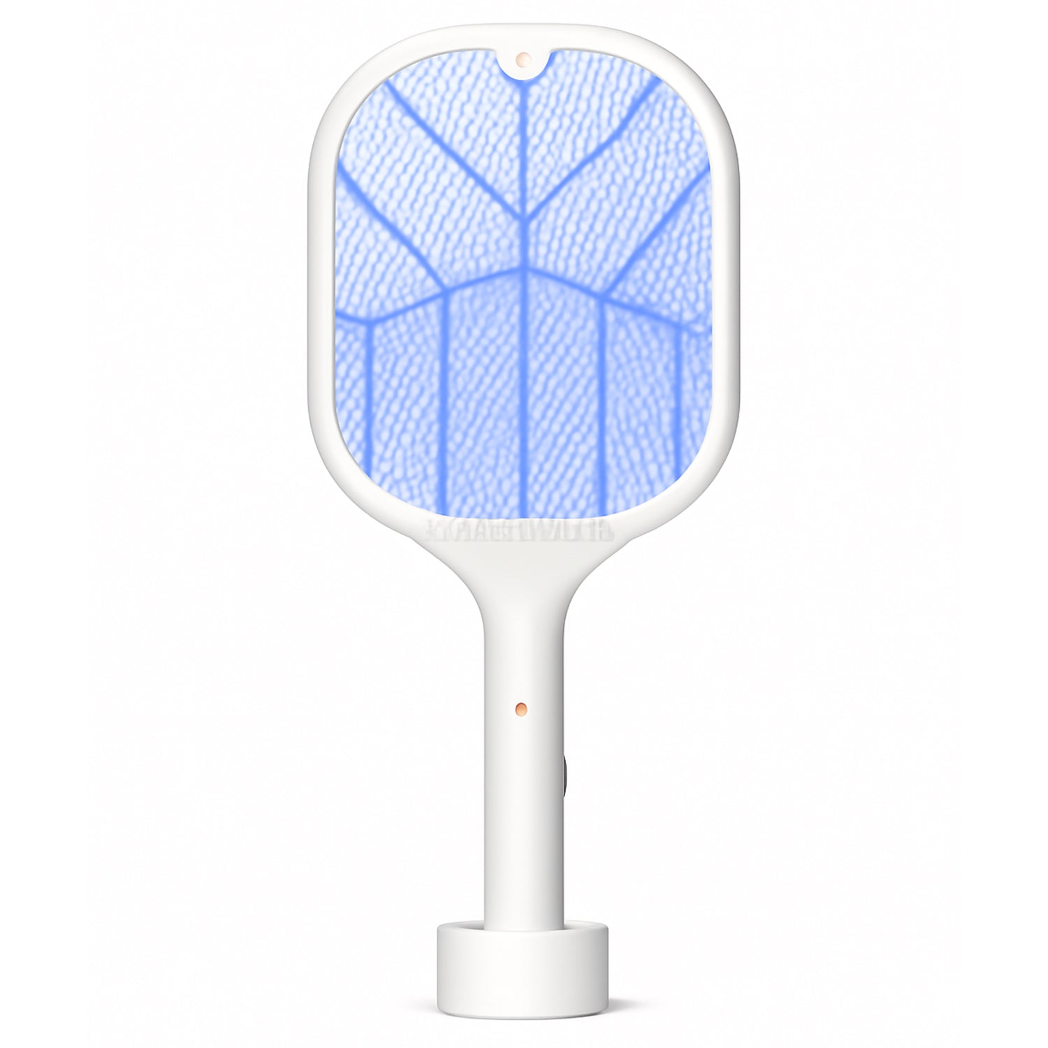 Mosquito killer racket standing upright on its USB charging base.