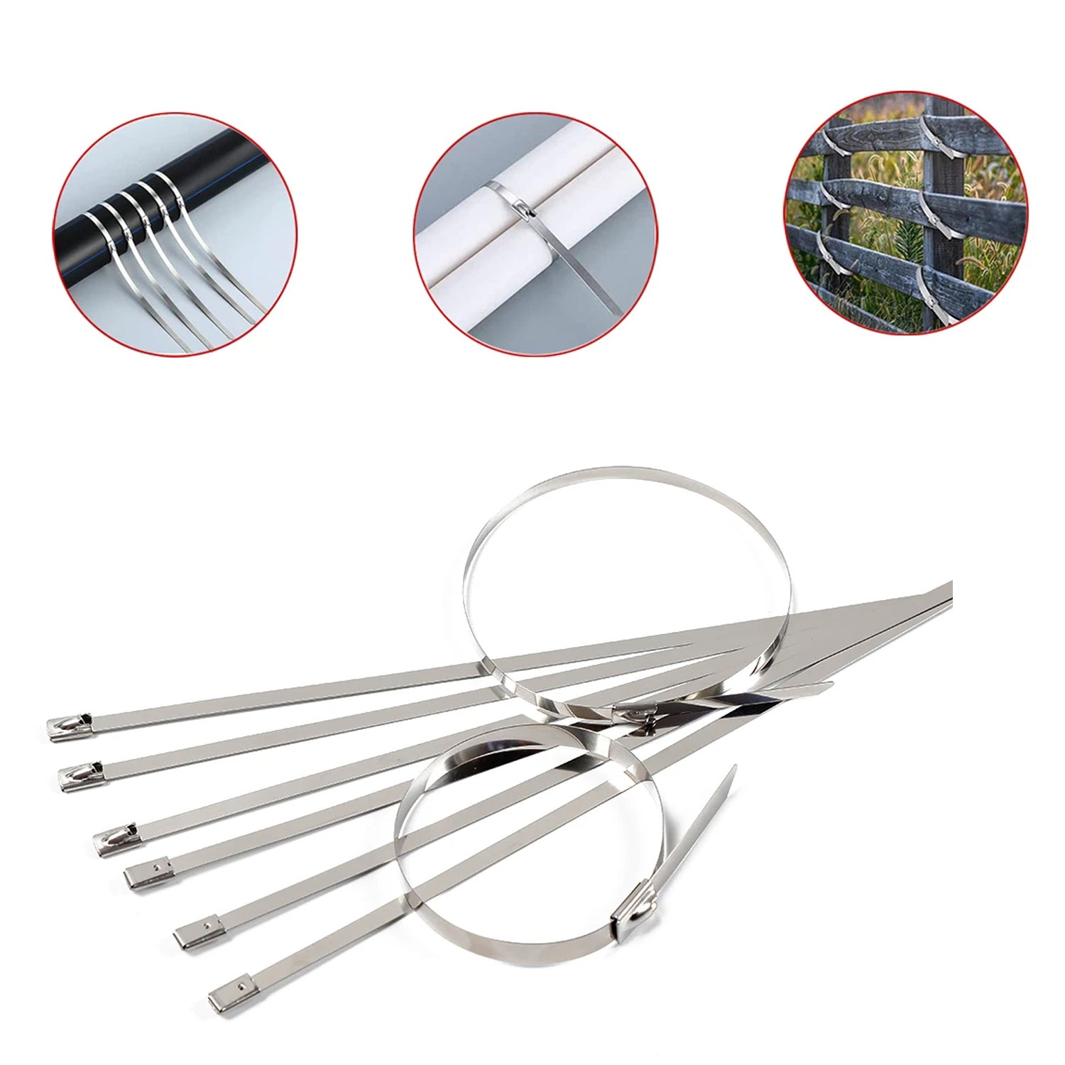 Heavy-duty stainless steel cable tie used for securing solar panel wiring on a rooftop.