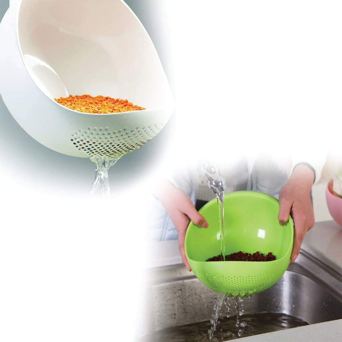 BPA-free plastic grain washing bowl, ensuring safe food handling.