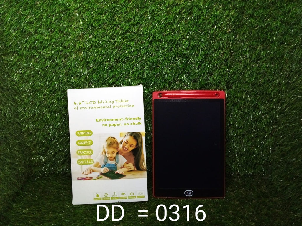 Compact LCD writing tablet with its stylus and replaceable battery.