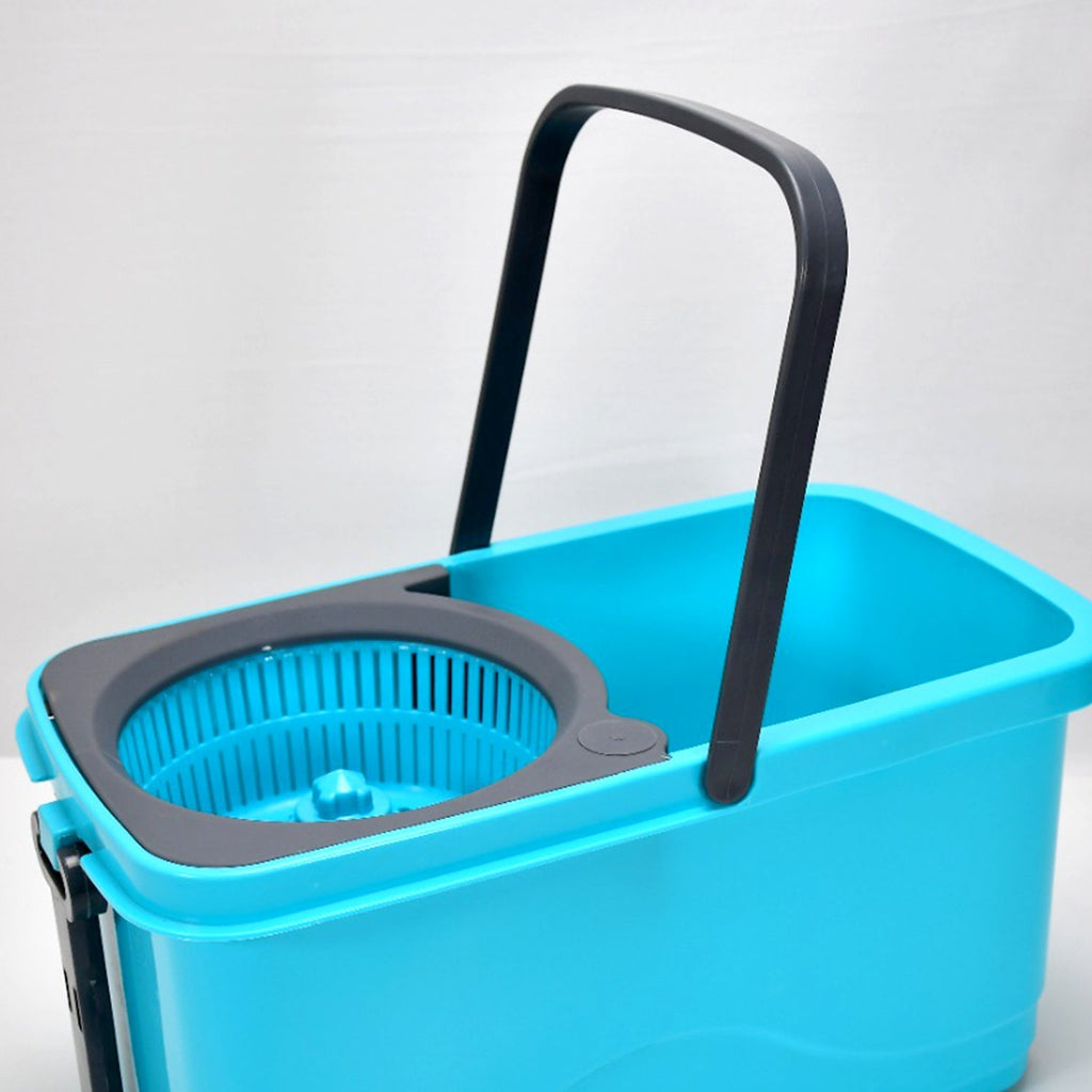 Large capacity spin mop bucket with hands-free wringer mechanism.