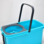 Large capacity spin mop bucket with hands-free wringer mechanism.