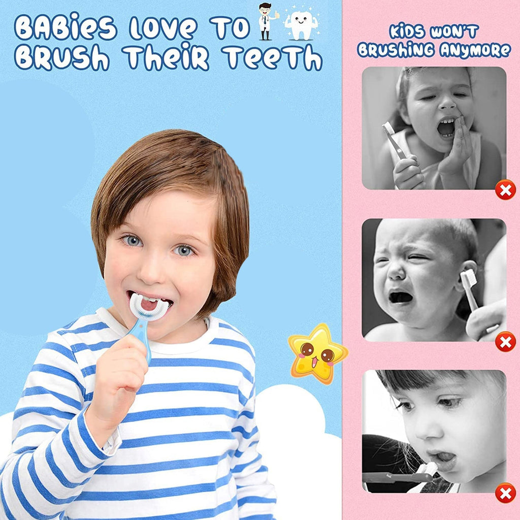 Child-friendly blue U-shaped toothbrush promoting independent brushing.