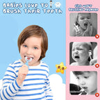 Child-friendly blue U-shaped toothbrush promoting independent brushing.