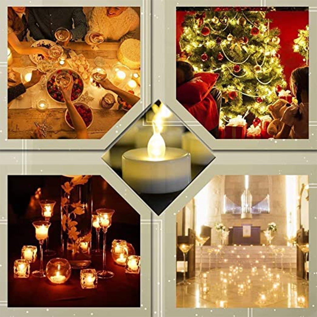 Collection of 8 flameless tealight candles in a compact box.