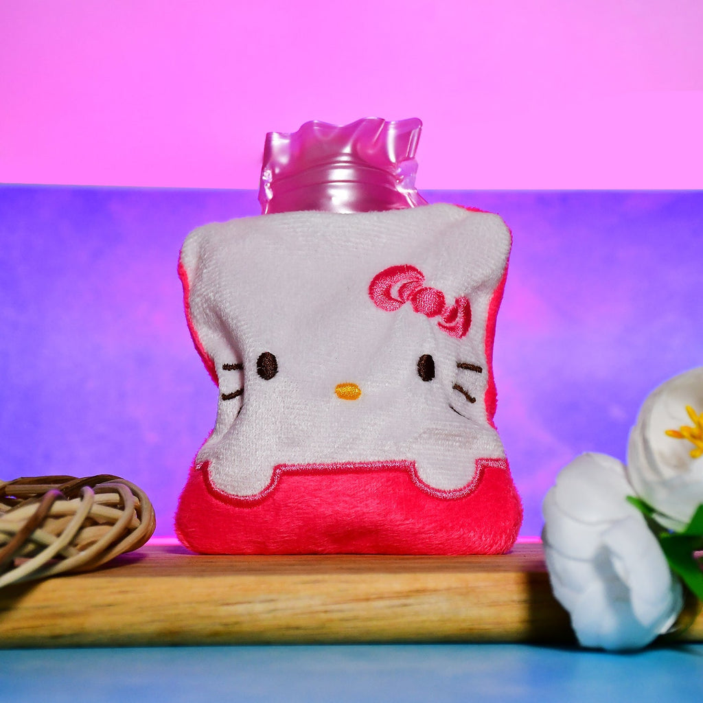 Pink hot water bag with a soft cover, ready for pain relief.