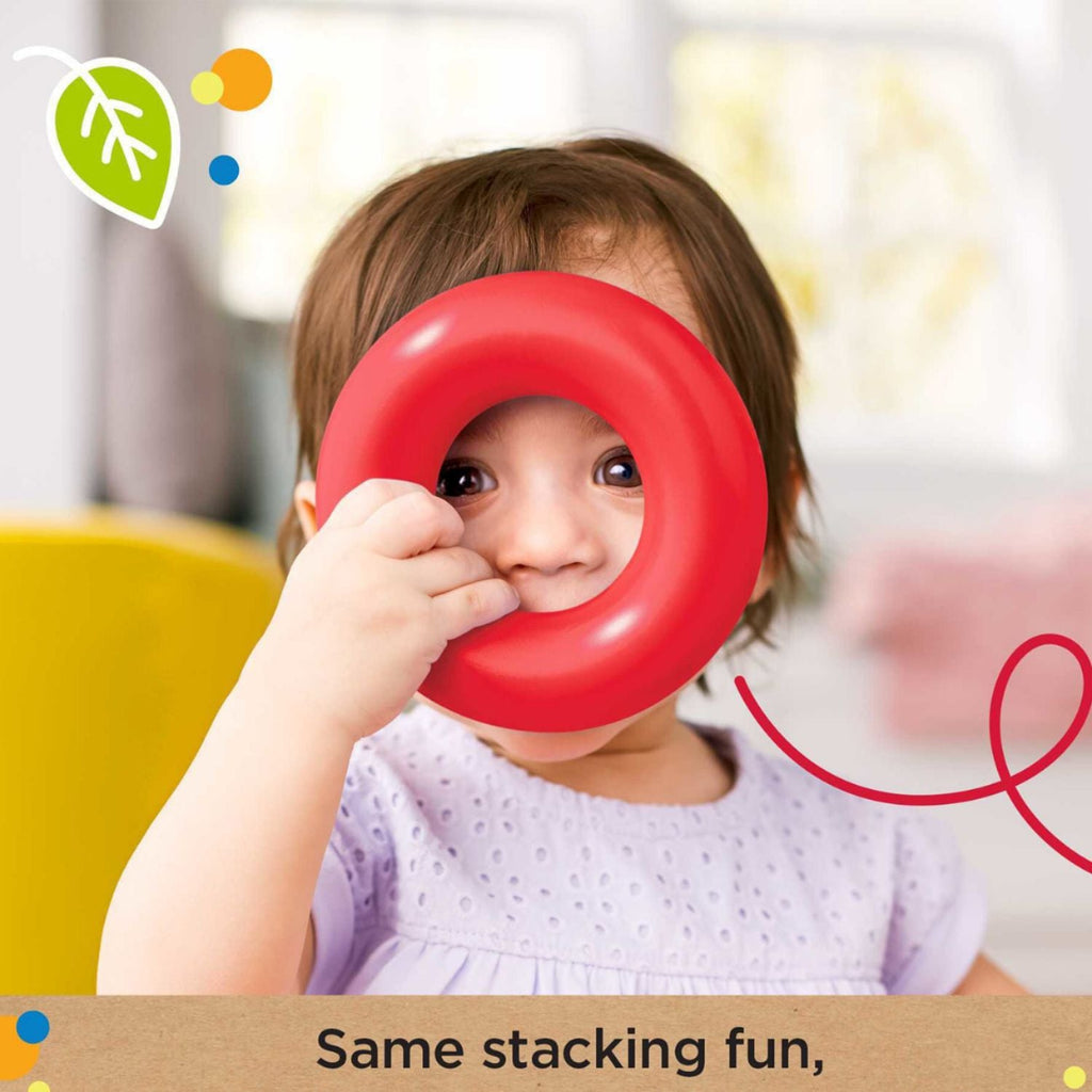 Educational plastic stacking rings toy with a friendly teddy bear design.