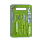 Compact plastic chopping board accompanied by a sharp stainless steel knife and scissors.