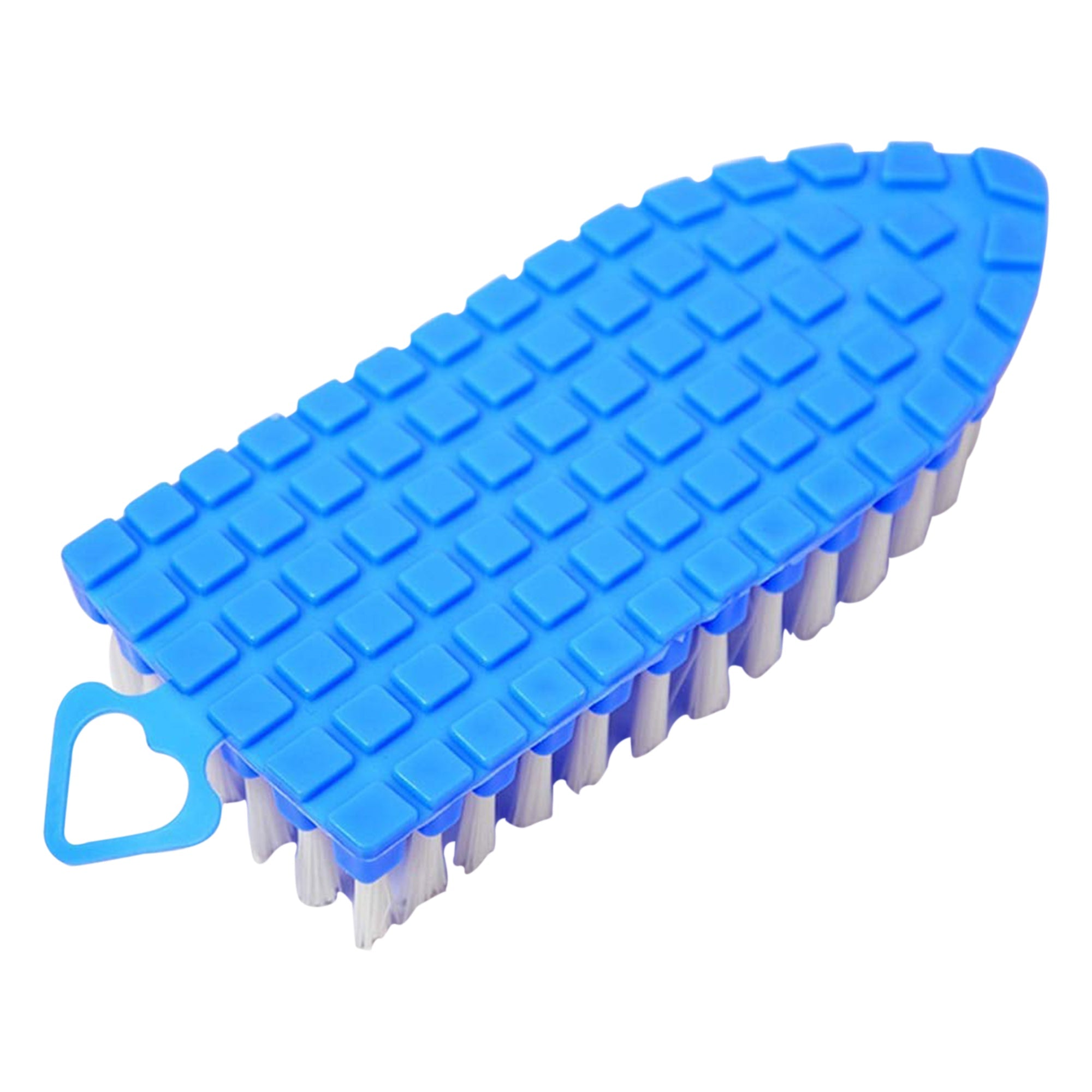 A flexible cleaning brush effectively cleaning around a bathroom faucet, reaching tricky corners.