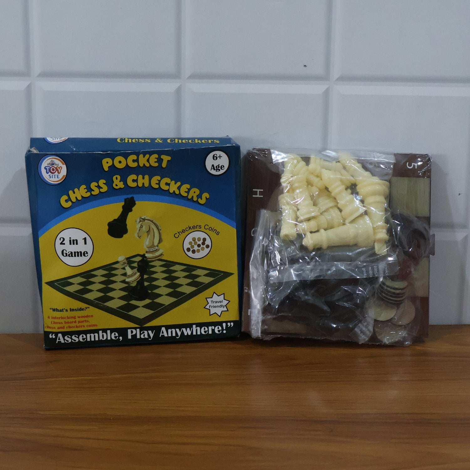 Folded Chess & Checkers board game fitting perfectly in travel bag