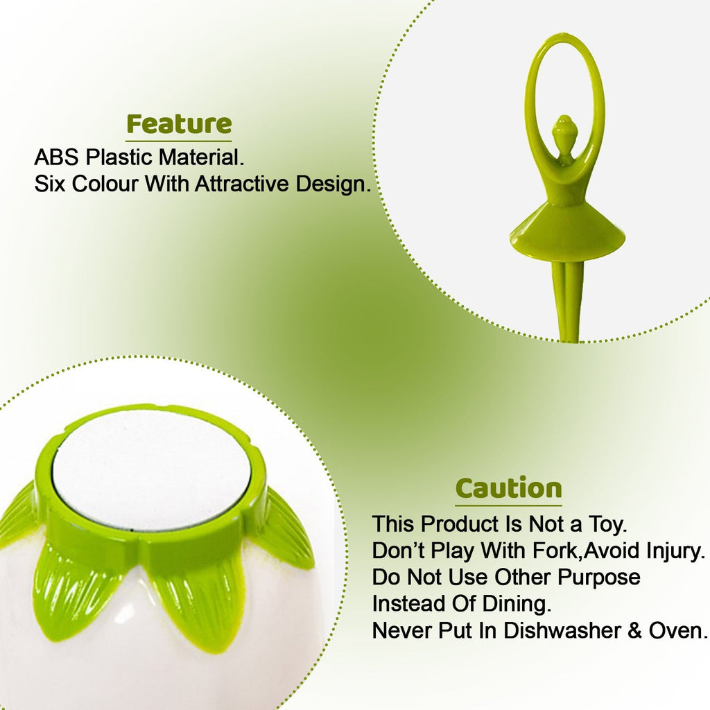 Side view of the colourful fruit fork set with its unique dancing doll holder.