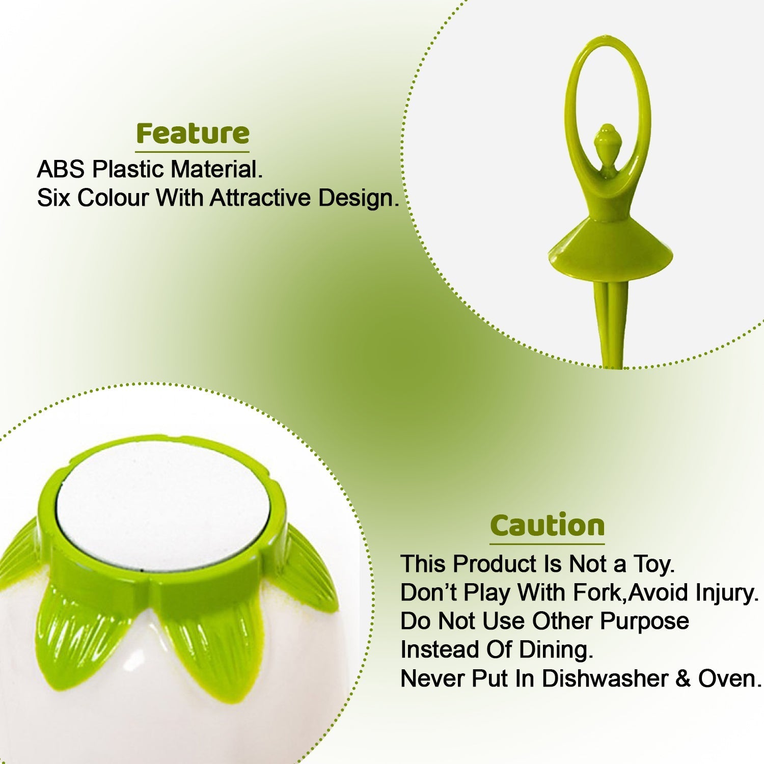 Side view of the colourful fruit fork set with its unique dancing doll holder.
