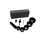 All components of the 12-piece hole saw kit neatly arranged for easy access.