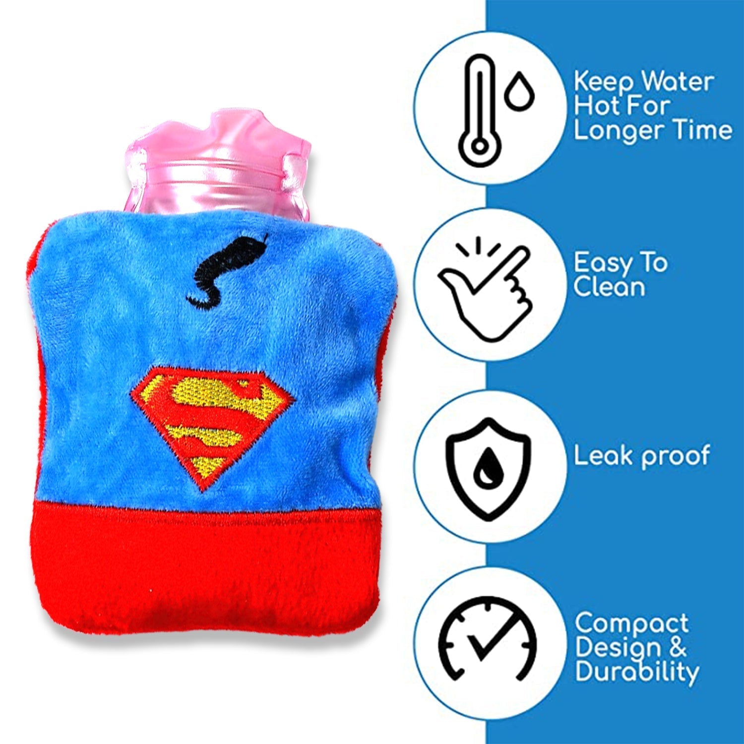Compact hot water bag with a soft cover, perfect for travel and daily pain relief.