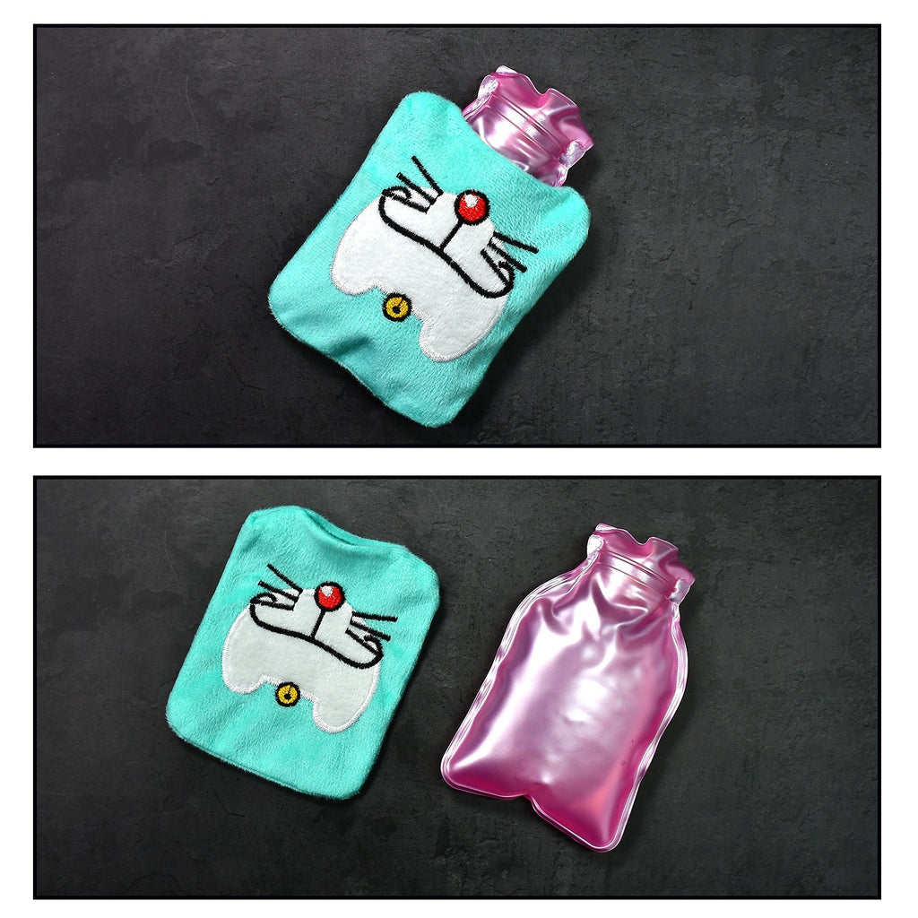 Side view of the portable Doremon hot water bag, showing its compact size.