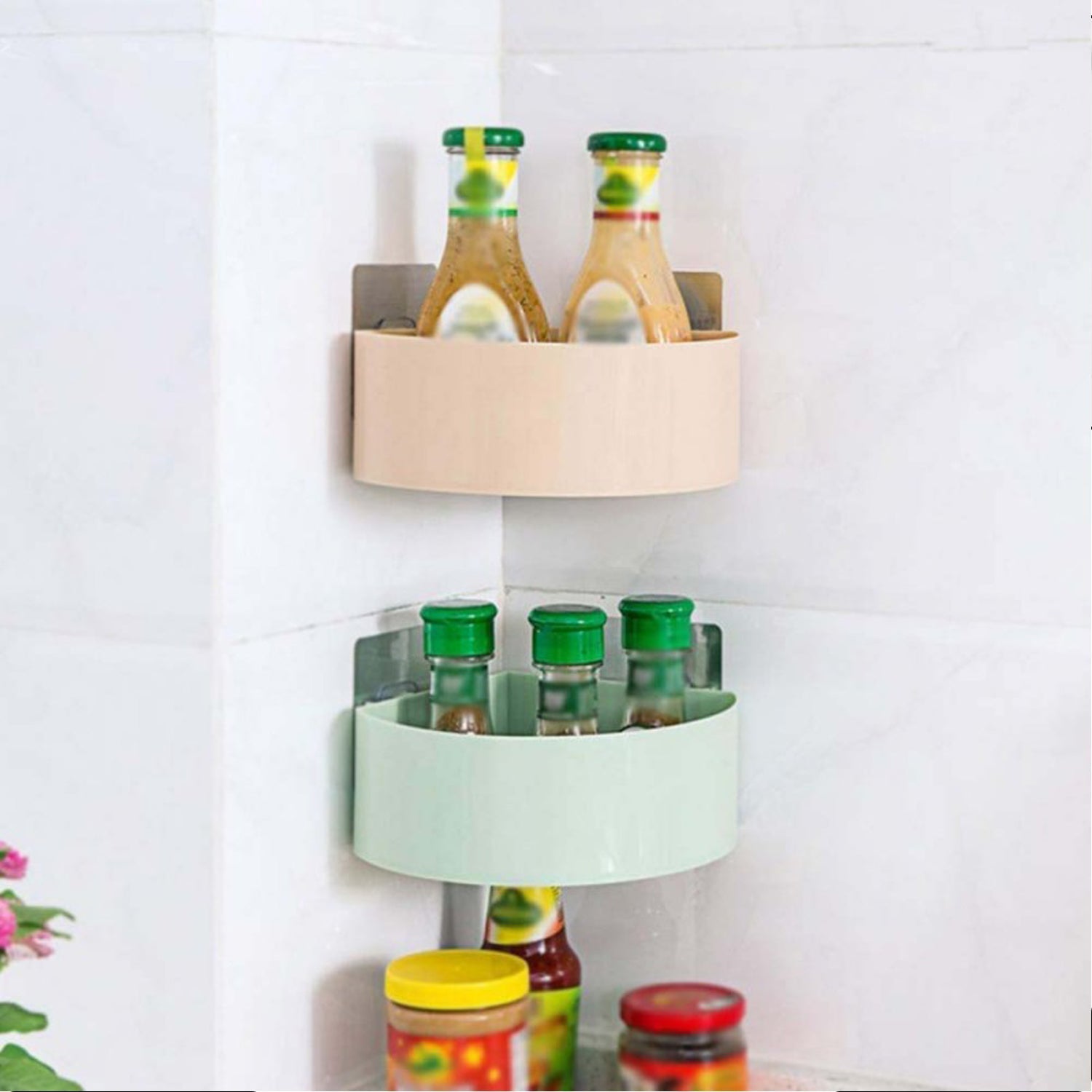 View of the adhesive corner shelf from a different angle.