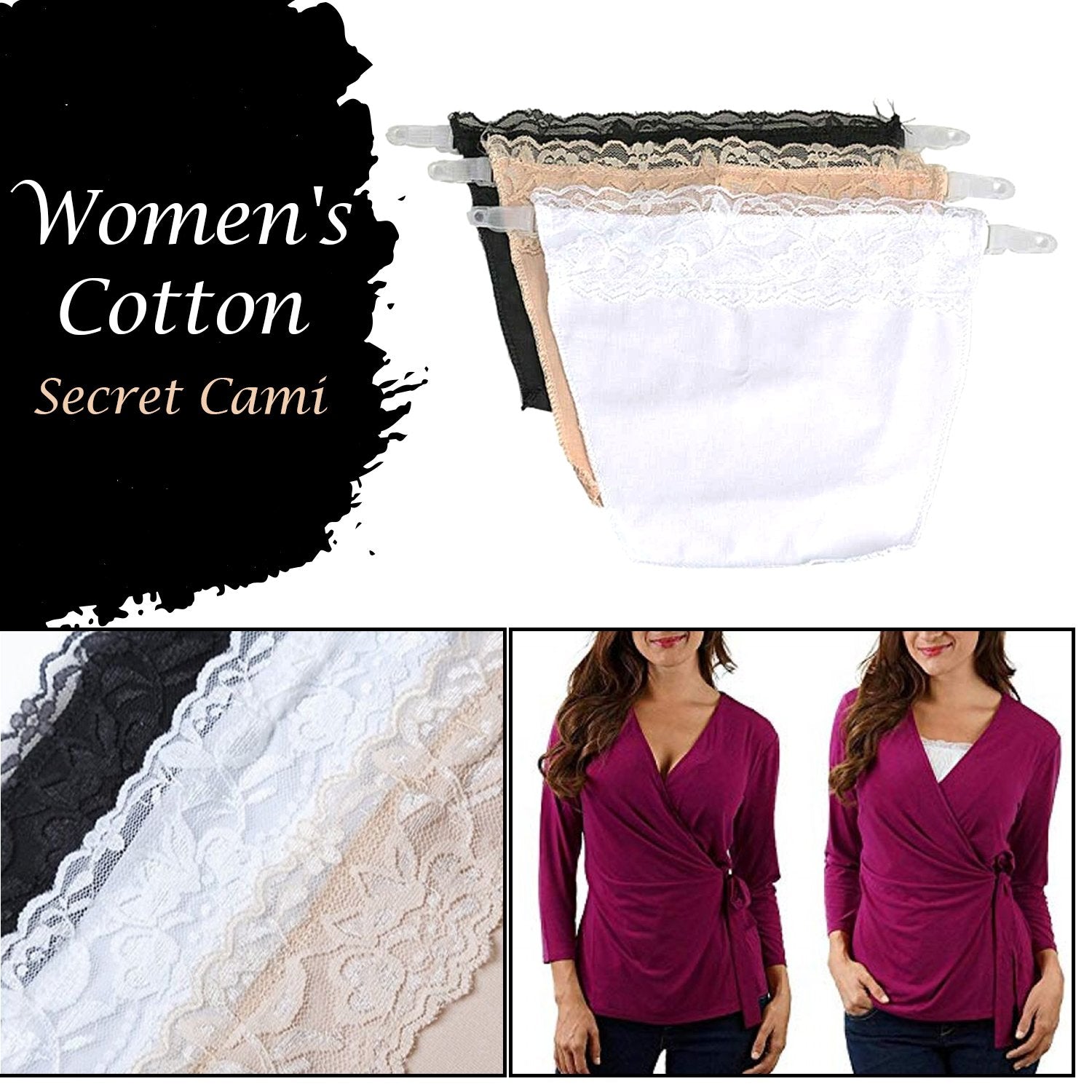 Clip-on camisole worn under a low-cut dress for coverage