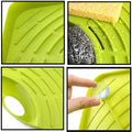 ShineCrest Corner Sink Strainer in a kitchen sink, holding a sponge and brush.