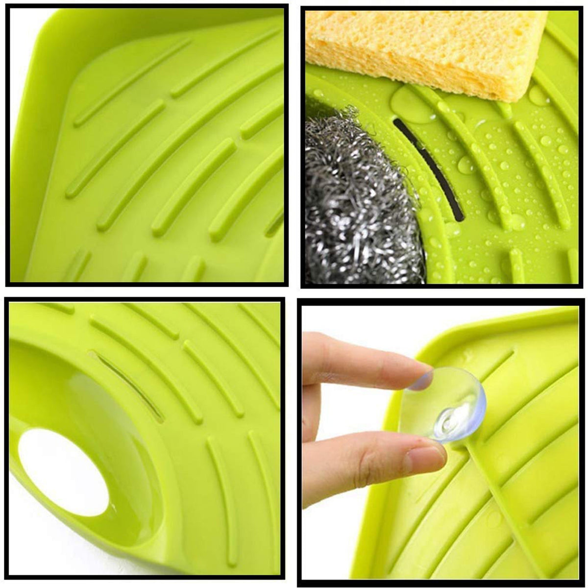 ShineCrest Corner Sink Strainer in a kitchen sink, holding a sponge and brush.