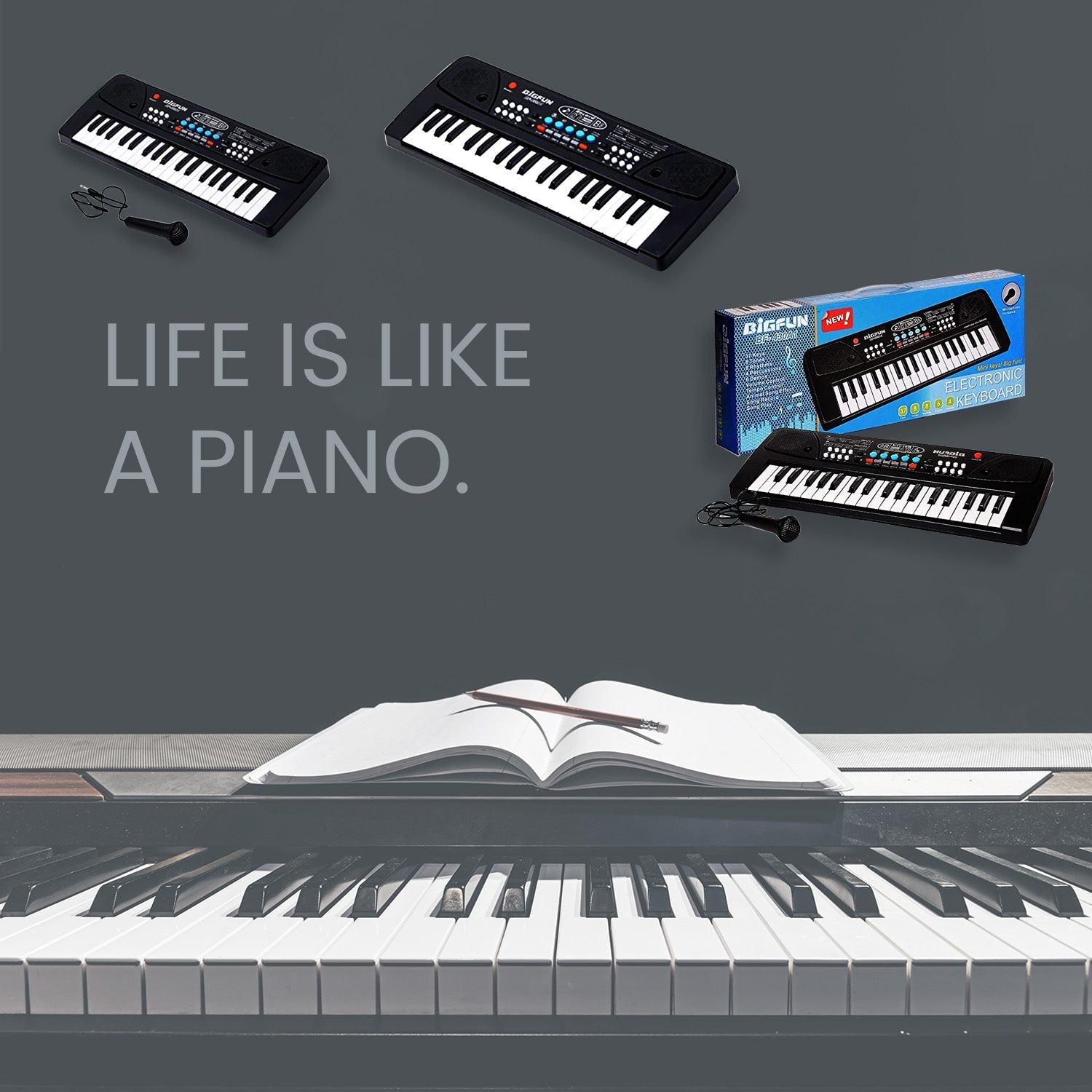 Complete set of the 37-key kids piano keyboard with accessories.