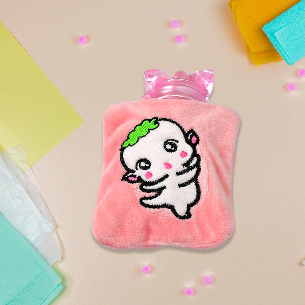 Pink Hot Water Bag with a soft cartoon cover, front view.
