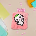 Pink Hot Water Bag with a soft cartoon cover, front view.