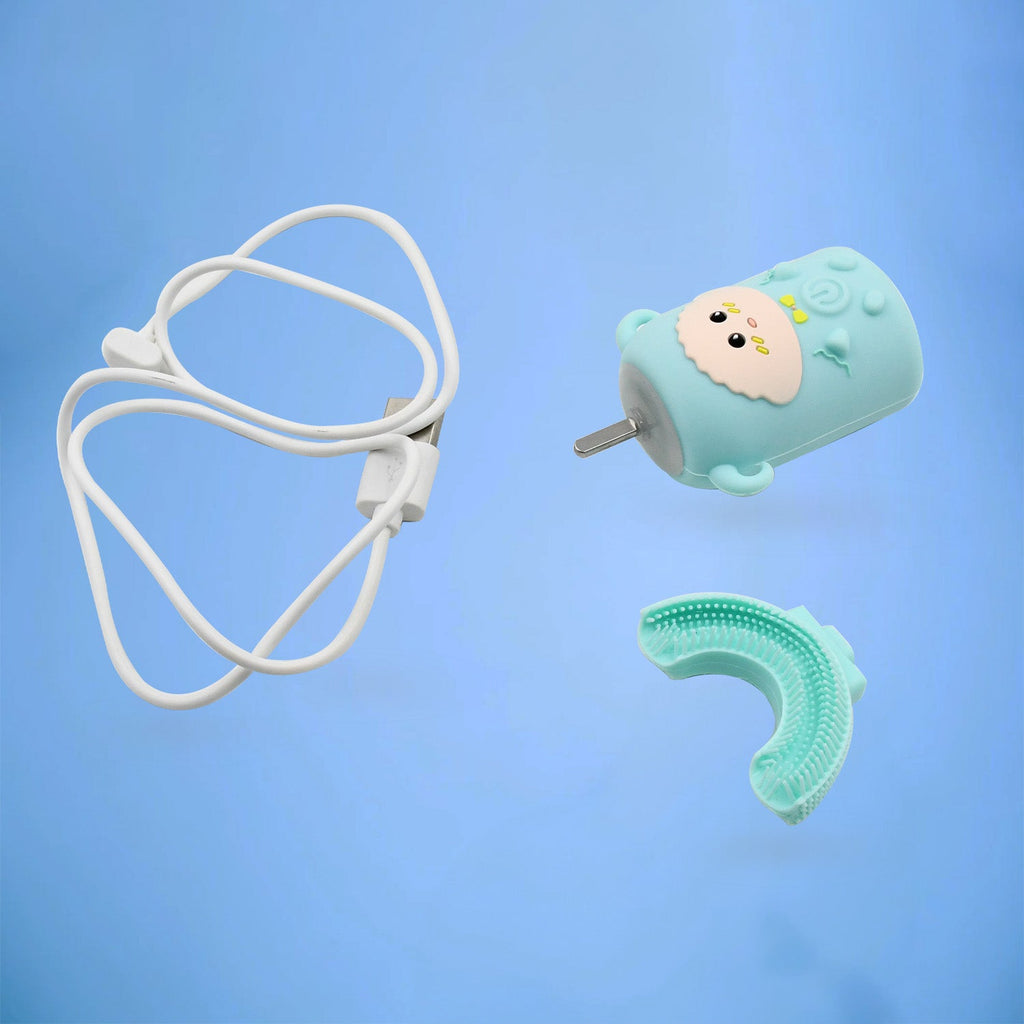 Close-up of the soft silicone U-shaped brush head of the electric toothbrush.