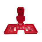 Side view of the red phone charging stand, showcasing its sturdy design.