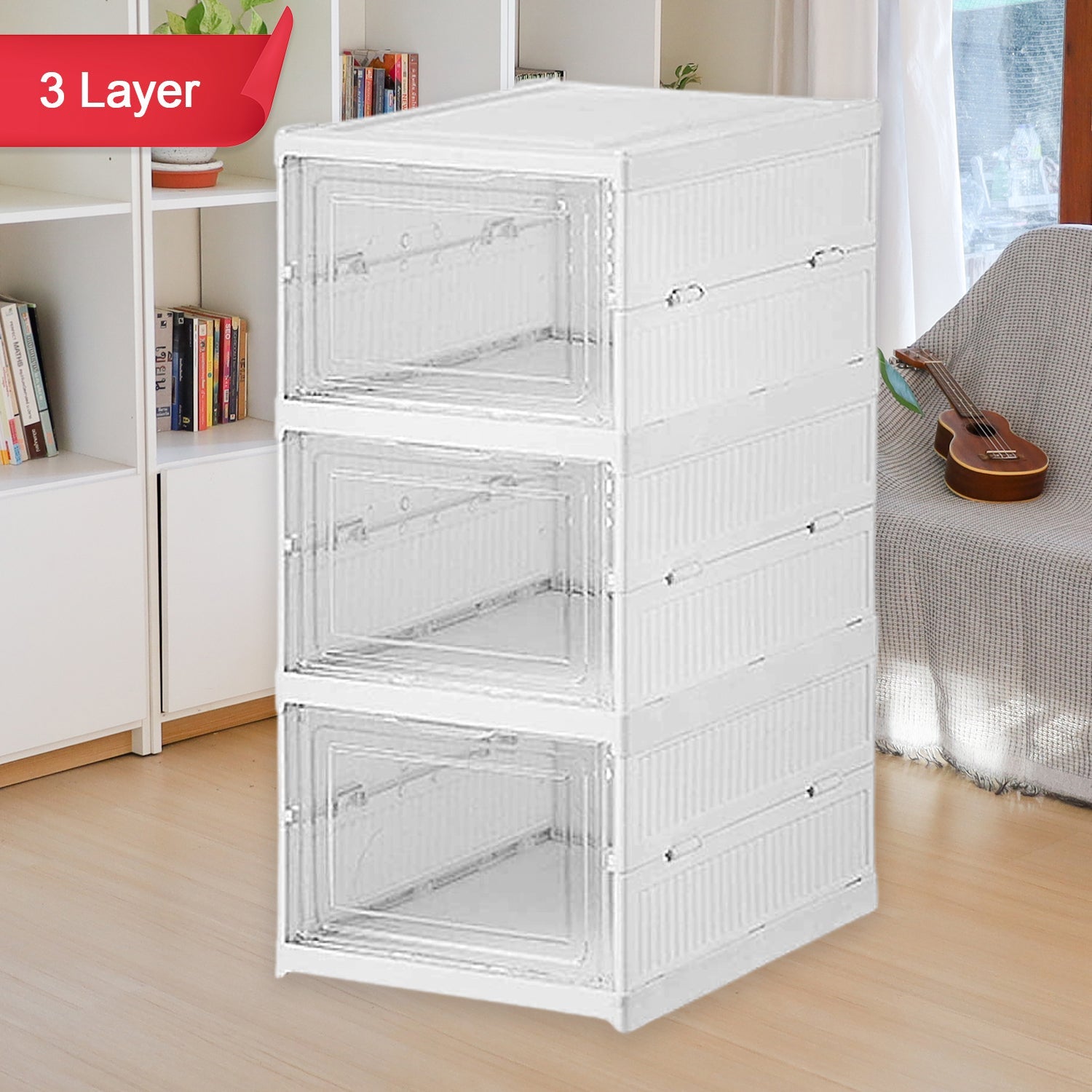 Organivo 3-layer stackable storage rack for clothes and kitchen items.