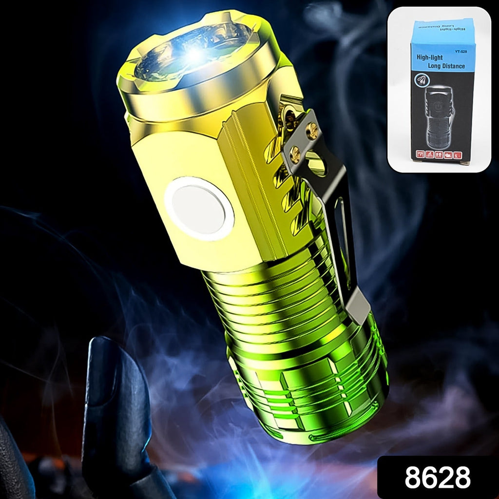 Portable mini LED torch light with a convenient clip for hands-free use.