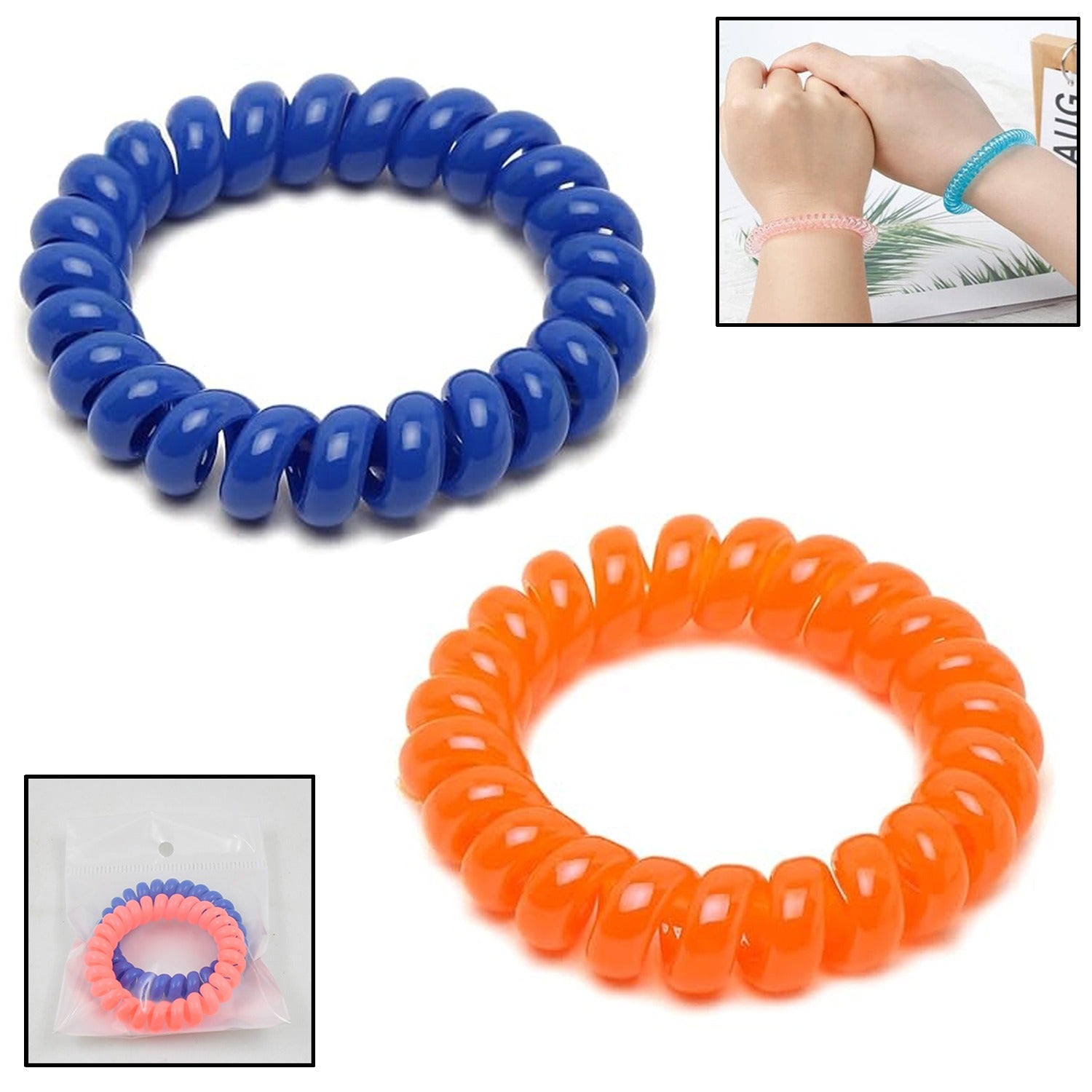 Multicolor telephone wire hairbands on a white background.