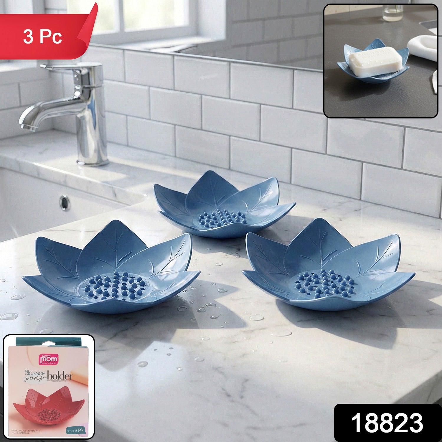 3-piece decorative lotus blossom soap holder set on counter