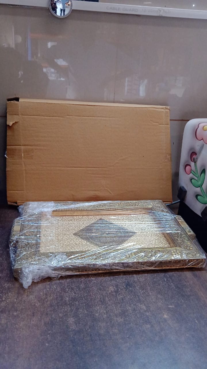 Rajwadi antique serving tray displayed on a wooden table as centerpiece