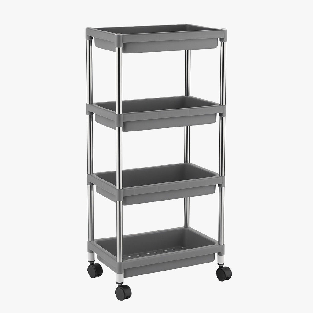 Stainless steel framed multi-tier rolling cart with plastic shelves