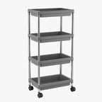 Stainless steel framed multi-tier rolling cart with plastic shelves