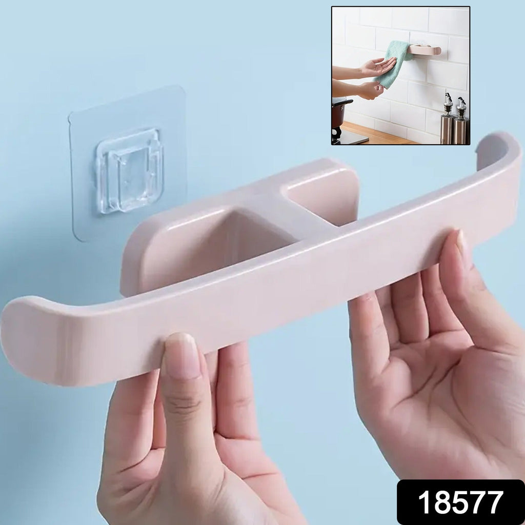 Self-Adhesive Towel Rack mounted on a modern bathroom wall, holding towels and slippers.