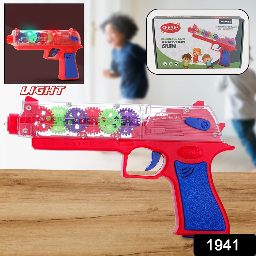A happy child actively playing with the interactive Transparent Gear Toy Gun.
