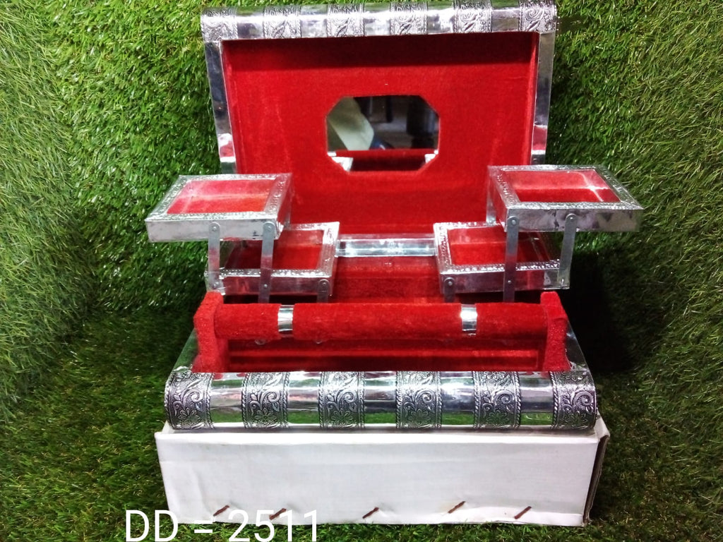 Front view of the multi-compartment wooden jewellery organizer for versatile storage.