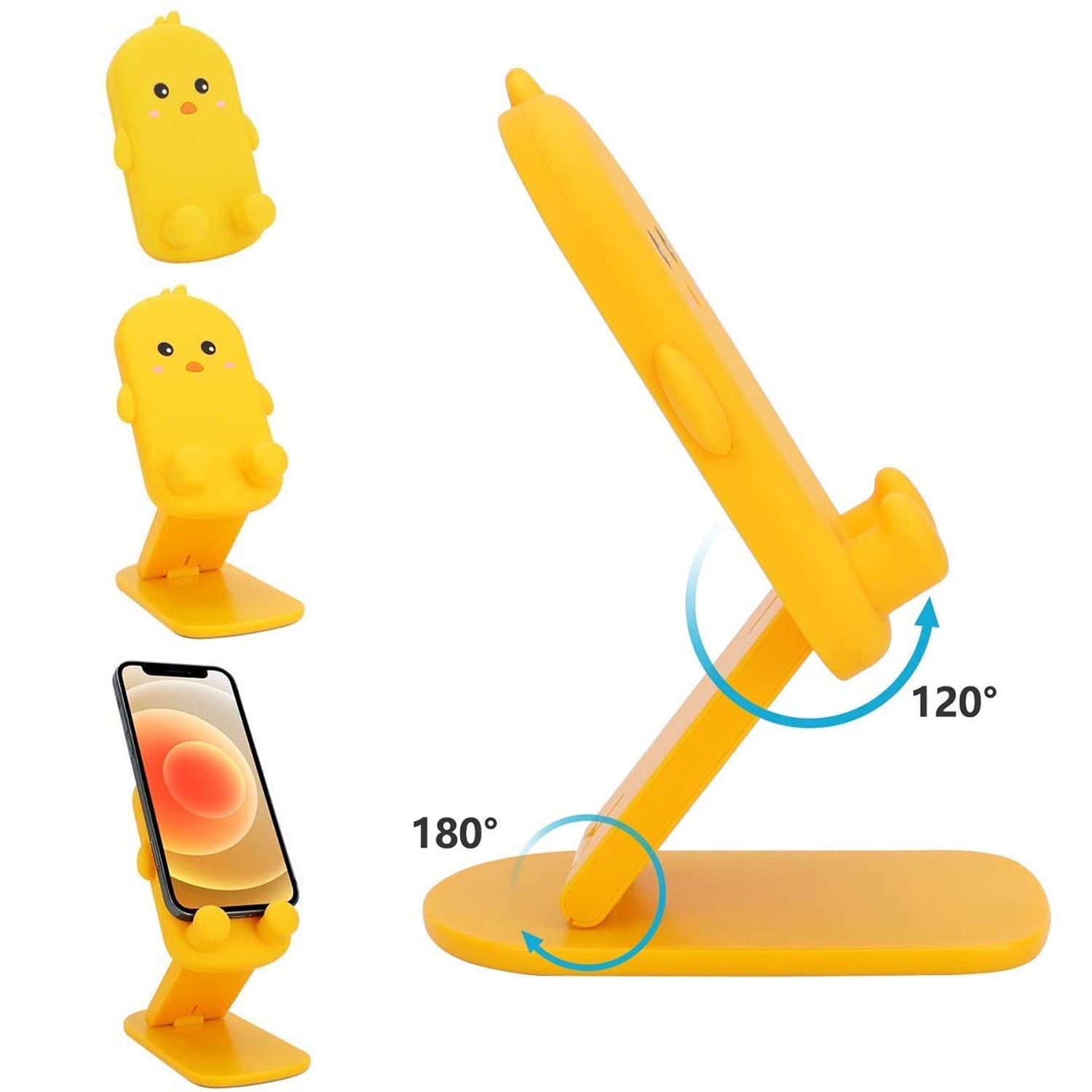 Versatile cartoon mobile stand displayed in multiple adjustable positions for different devices.