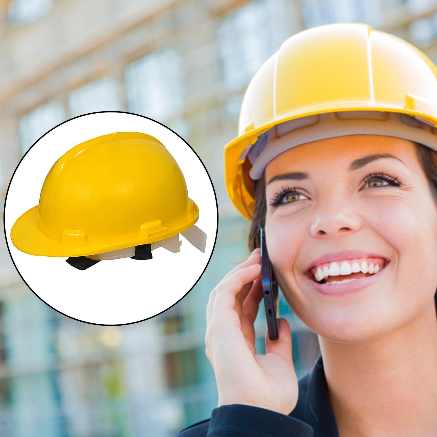 Side view of the adjustable yellow safety helmet for head protection.