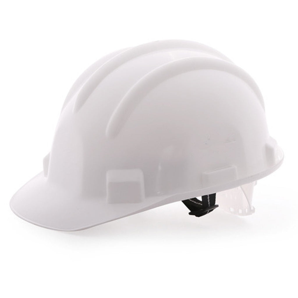 Worker wearing a bright yellow construction safety helmet on an active building site, demonstrating real-world use.