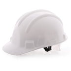 Worker wearing a bright yellow construction safety helmet on an active building site, demonstrating real-world use.