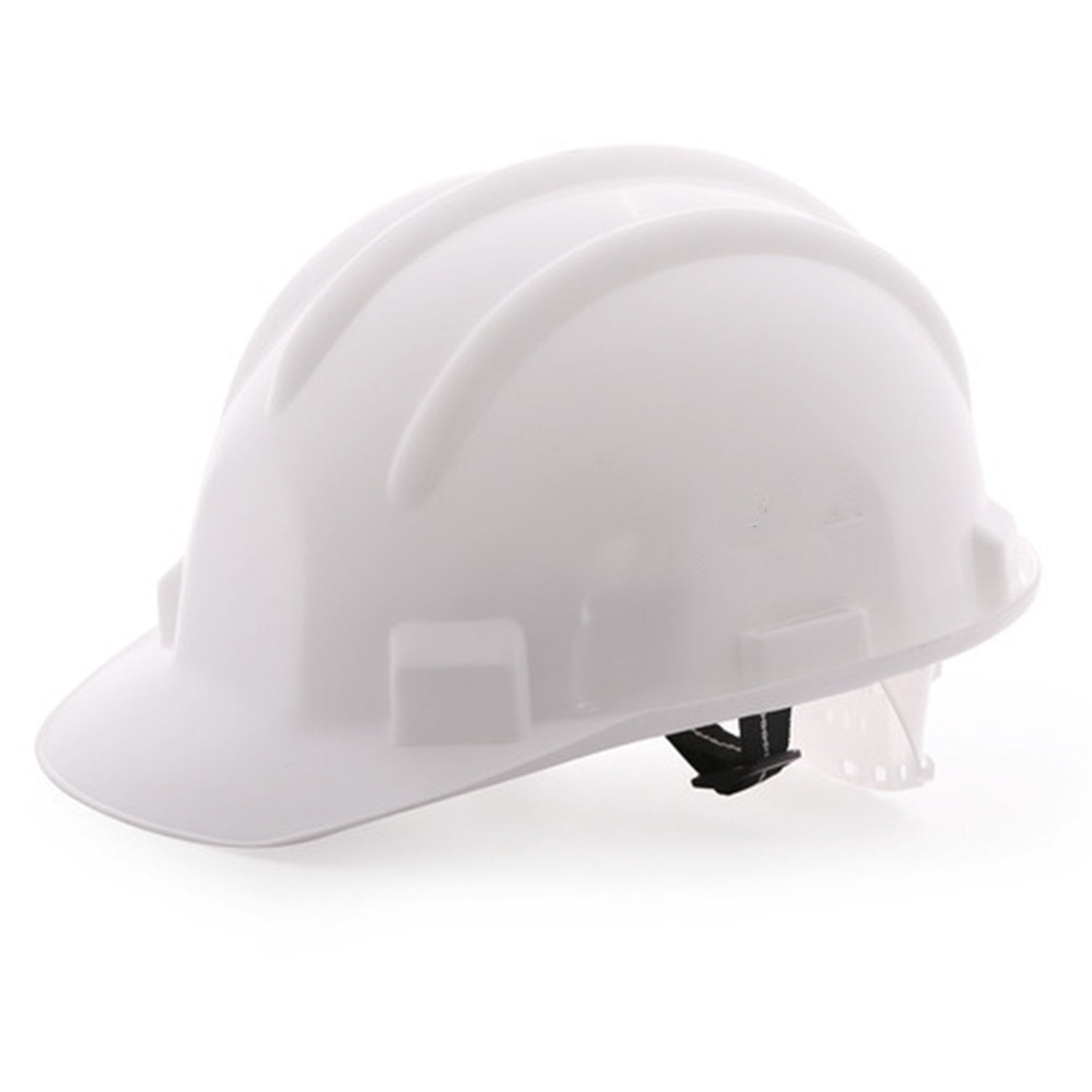 Worker wearing a bright yellow construction safety helmet on an active building site, demonstrating real-world use.