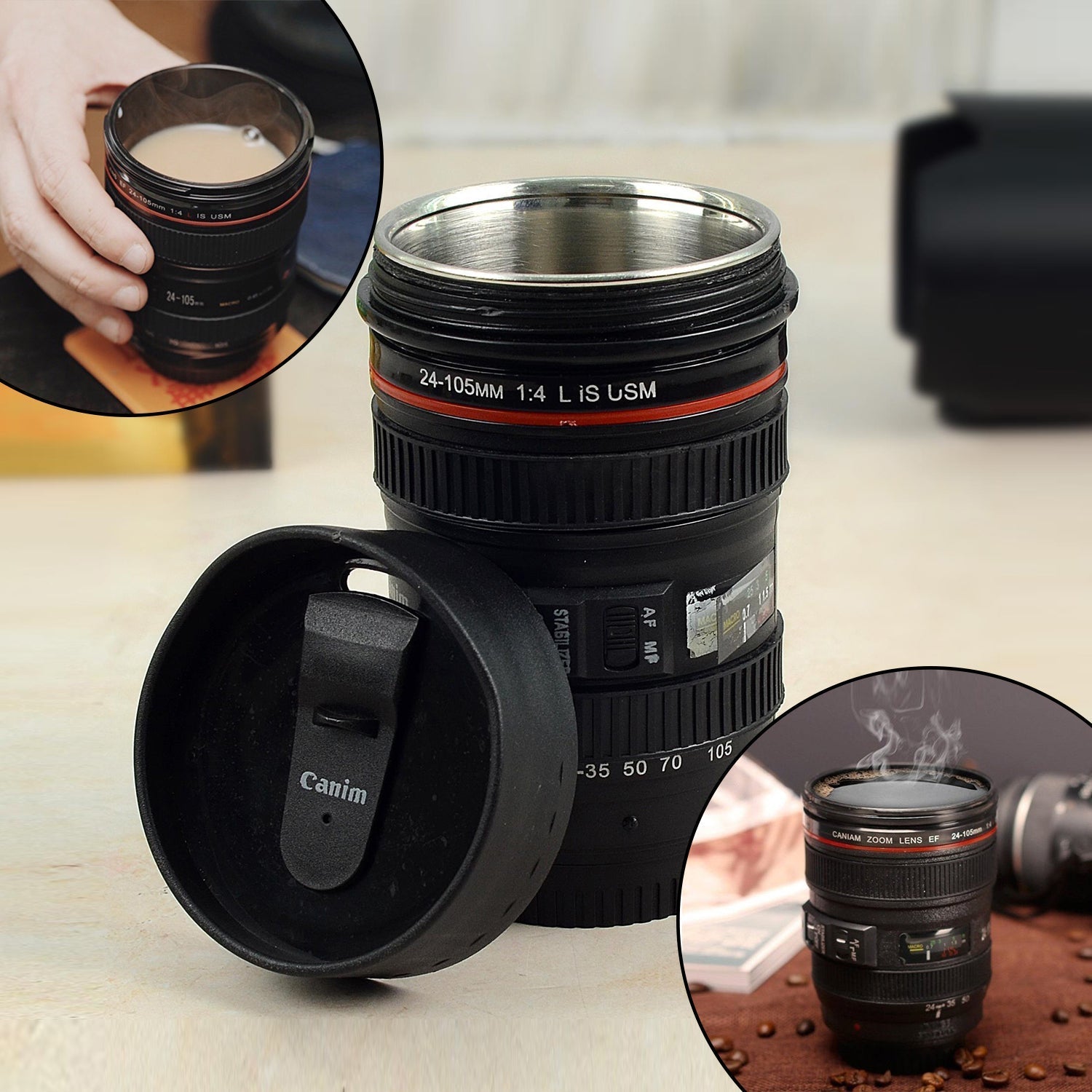 Realistic camera lens coffee mug with a black plastic exterior and silver accents.