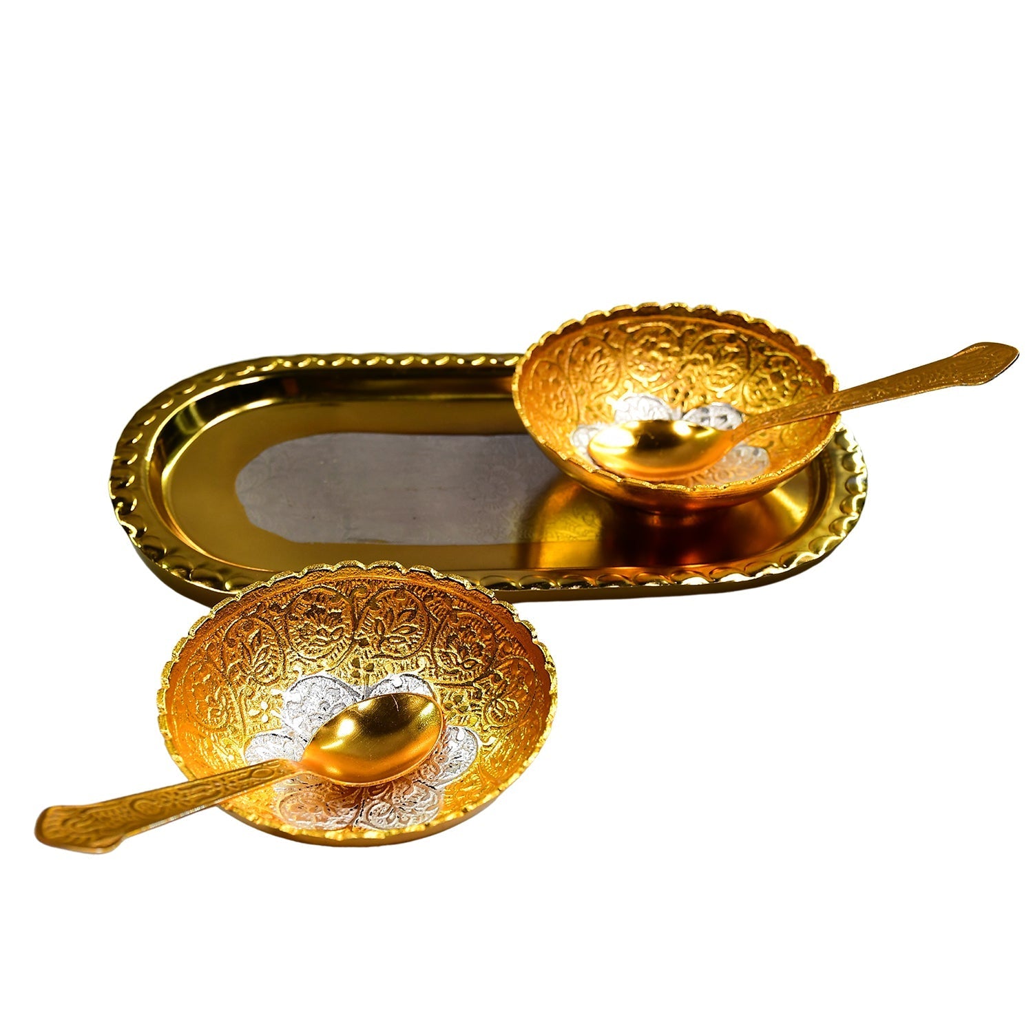 The complete gold and silver plated serving set with its opulent red velvet gift box, a perfect present.