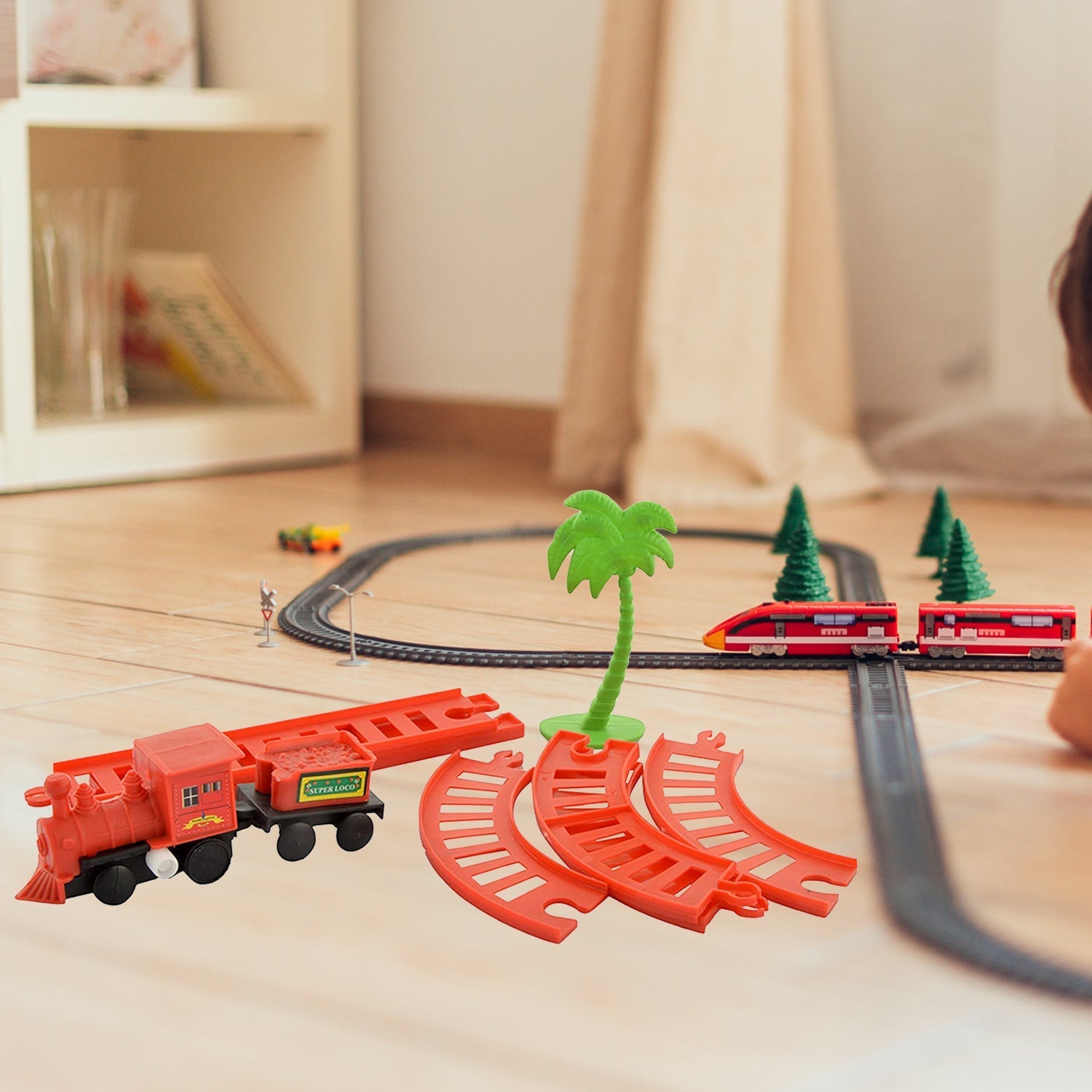 World Express train set components, including tracks, tree, and train cars.