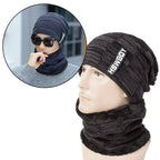 Detail of the stretchy acrylic knit and fleece lining of the woolen beanie scarf set.