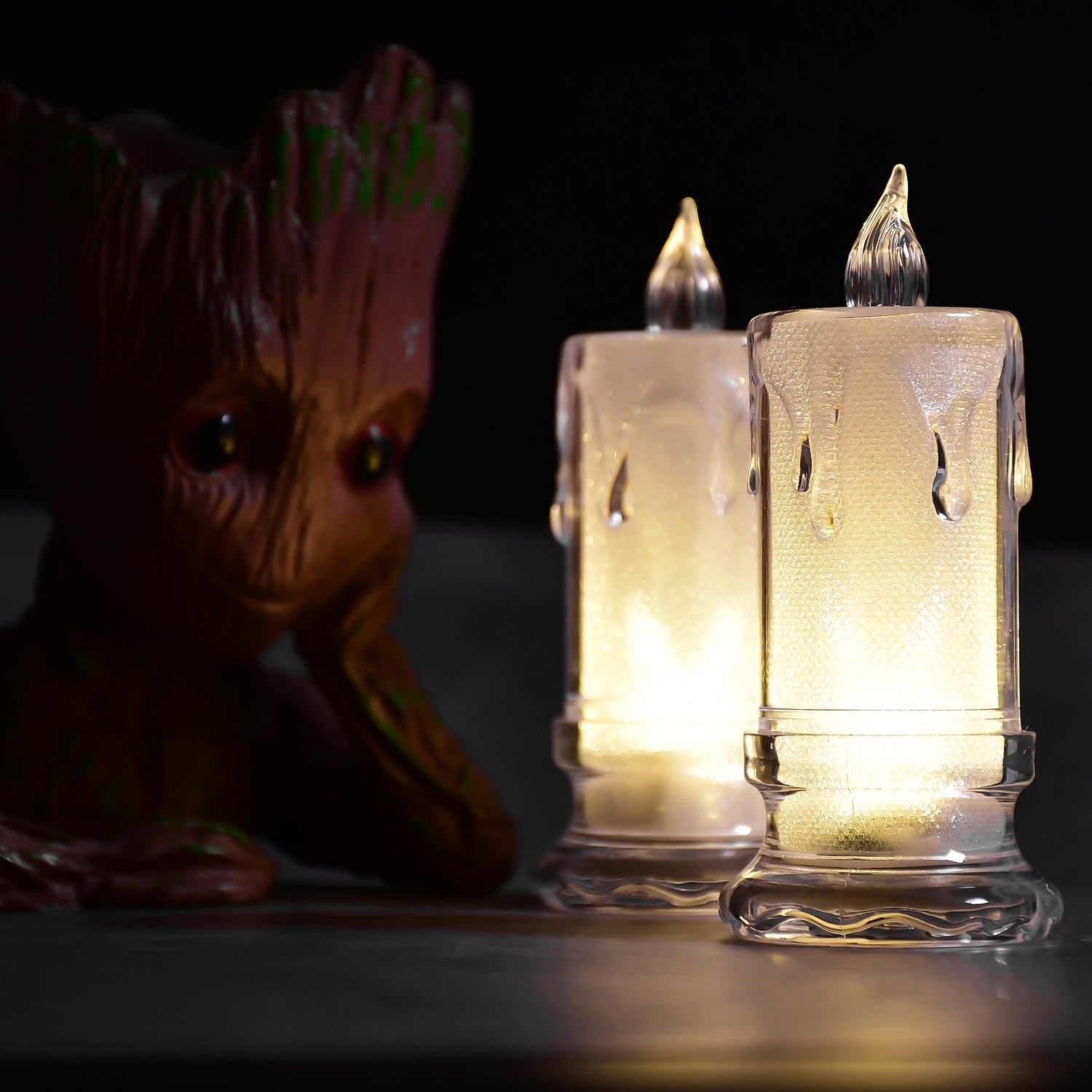 Melted Design Flameless Candles arranged with other decor items, highlighting their versatile use.
